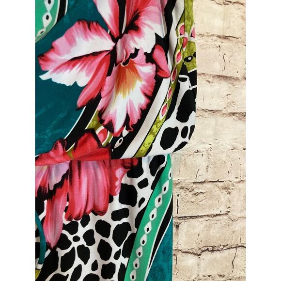 Laudrew Dress Womens 10 Turquoise Mixed Print Tropical Cowl Neck Midi Stretch - Picture 5 of 14